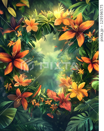 tropical leaves pattern on watercolor painting 129596575