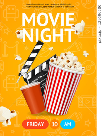 Cinema Movie Night Placard Poster Banner Card Template with Drink and Popcorn. Vector 129596580