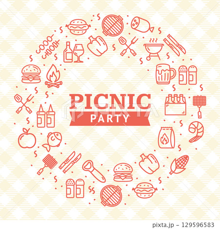 Picnic Party Round Design Template Thin Line Icon Concept. Vector 129596583