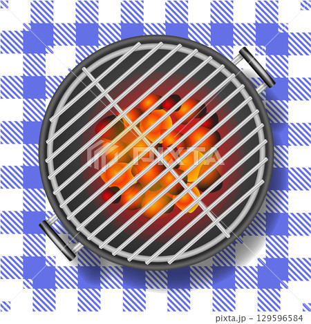Realistic Detailed 3d Bbq or Barbecue Grill on Gingham Tablecloth . Vector 129596584