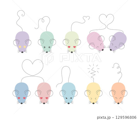 Cute colored mice characters set. Doodle mouse mascot emoji collection. Vector illustration 129596806