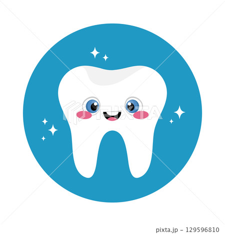 Healthy cartoon tooth character. Shiny and happy tooth. Cute smiling tooth mascot. Vector illustration Healthy cartoon tooth character. Shiny and happy tooth. Cute smiling tooth mascot. Vector illustration 129596810