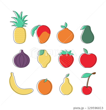Simple hand drawn fruits and berries icons. Garden and tropical fruits and berries. Vector illustration 129596813