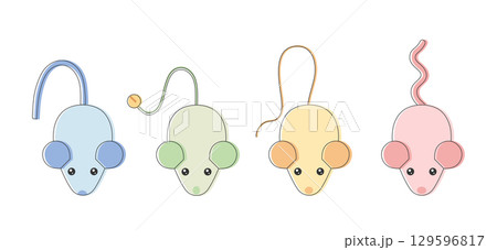 Cute colored toy mice set. Toy mouse with bell and various tails. Vector illustration Cute colored toy mice set. Toy mouse with bell and various tails. Vector illustration 129596817