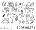 Set of black outline doodles with christmas elements 129596871