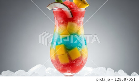 Colorful Layered Tropical Cocktail with Fresh Fruit Garnish Colorful Layered Tropical Cocktail with Fresh Fruit Garnish 129597051