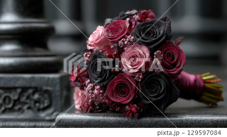 Gothic Halloween wedding bouquet with black and deep red roses evokes romantic and mysterious atmosphere 129597084