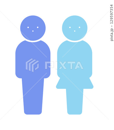 立っている男女セットの青と水色のピクトグラム - シンプルでかわいい人物の全身のシルエットのアイコン 129597354