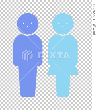 立っている男女セットの青と水色のピクトグラム - シンプルでかわいい人物の全身のシルエットのアイコン 129597354