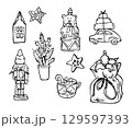 Merry Christmas doodles collection black on white background 129597393