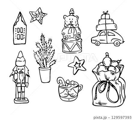 Merry Christmas doodles collection black on white background 129597393