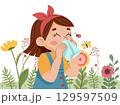 girl suffering f allergy symptom sneezing on a handkerchief. 129597509