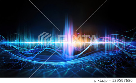 glowing waveform analyzing voice data in futuristic digital environment glowing waveform analyzing voice data in futuristic digital environment 129597680