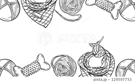 Rectangular frame of animal accessories, balls for play, dice, collars, ball for games, objects are hand-drawn with ink. Vector illustration for printing on packaging for pet products. 129597733