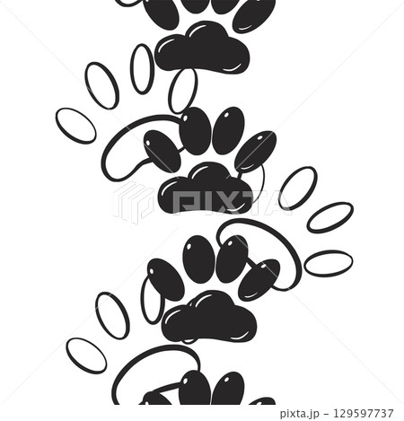 Vertical seamless border made of paw prints of animals, dogs and cats. All objects are hand-drawn in ink. The illustration is suitable for printing on fabric, paper, product packaging. Vector 129597737