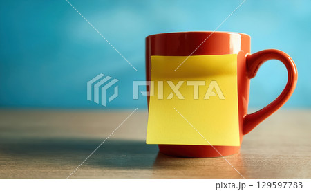 bright coffee mug with sticky note, symbolizing encouragement and positivity bright coffee mug with sticky note, symbolizing encouragement and positivity 129597783