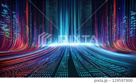 Abstract data visualization with flowing streams of binary code, vibrant colors, and matrix style background create dynamic Abstract data visualization with flowing streams of binary code, vibrant colors, and matrix style background create dynamic 129597800
