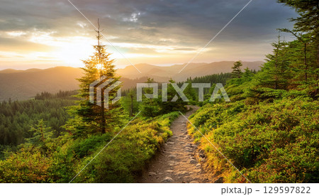 serene mountain path winding through lush forest at sunrise, inviting personal growth and exploration 129597822