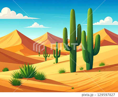 砂漠とサボテンのイラスト 砂漠とサボテンのイラスト 129597827