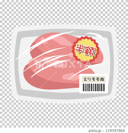 Packed chicken (chicken thighs) discounted product supermarket illustration 129597868