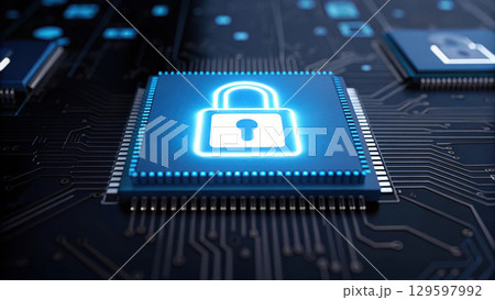blue integrated circuit with glowing lock symbols represents digital security 129597992