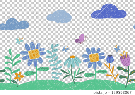 children drawing crayon. seamless border with flowers, meadow and clouds 129598067