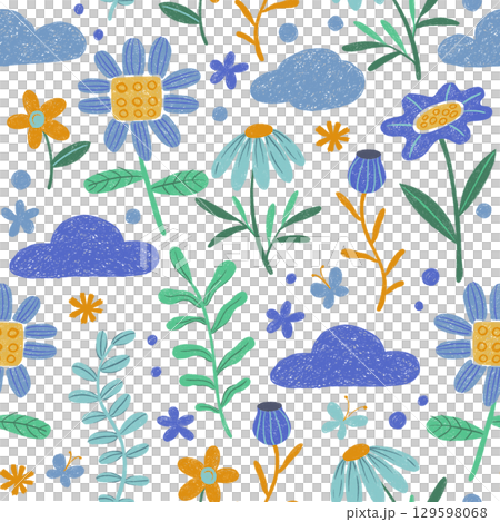 children drawing crayon. seamless pattern with abstract flowers 129598068