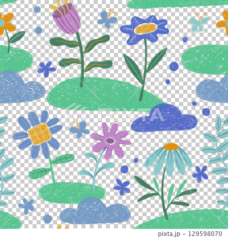 children drawing crayon. seamless pattern with abstract flowers 129598070
