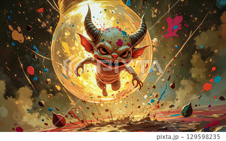 Funny cartoon character with horns. A strange creature with evil features, including large pointed ears and large horns, flies in a dynamic leap through the air. 129598235