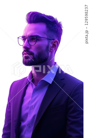 A strategic male leader in deep purple, standing tall amidst beams of growth and opportunity, symbolizing his ability to inspire 129598237