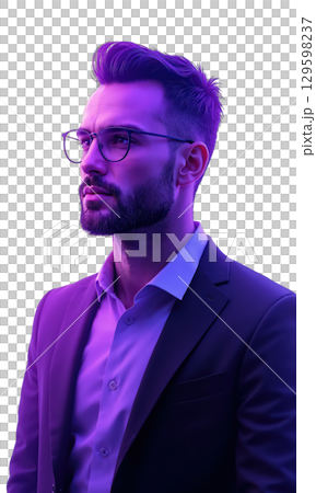 A strategic male leader in deep purple, standing tall amidst beams of growth and opportunity, symbolizing his ability to inspire 129598237