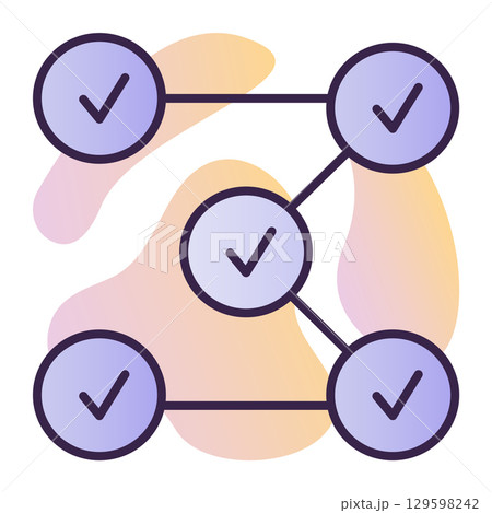 Work stages with check marks, single process sign, task completed, dark blue line vector icon on gradient background 129598242