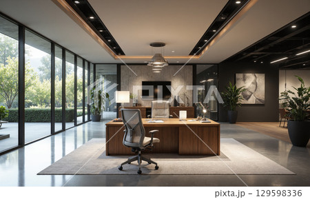 Modern corporate office with a minimalist wooden desk, ergonomic leather chair, and polished concrete floors. The space is illuminated by recessed overhead lights 129598336