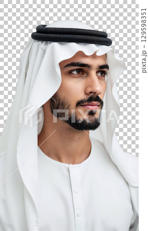 Man Arab Attire. A man of Middle Eastern descent with a beard and mustache, wearing a traditional white thobe Man Arab Attire. A man of Middle Eastern descent with a beard and mustache, wearing a traditional white thobe 129598351