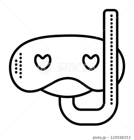 Snorkel mask with a straw, vector black line icon, snorkeling glasses with a tube monochrome sign  129598353