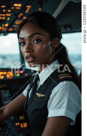 Black Female Pilot Pre-Flight Check Cockpit Focus 30s woman, pilot uniform, focused pre-flight check instrument panel safety prepare, transparent bg Black Female Pilot Pre-Flight Check Cockpit Focus 30s woman, pilot uniform, focused pre-flight check instrument panel safety prepare, transparent bg 129598389