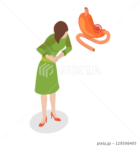 3D Isometric Flat Vector Illustration of Digestive Problem, Ill Individual Discharging Stomach Contents. Item 1 129598405