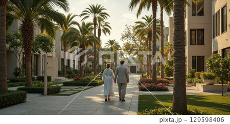Futuristic Eco-Retirement Village - A Middle Eastern elderly couple walking through a lush, AI-sustained retirement village with solar-powered homes, vertical 129598406