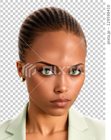 A African American young adult woman with brown bald, green eyes, wearing business attire, showing focus with a concentrated expression, 129598410