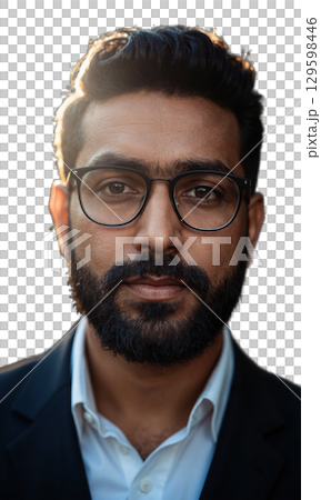 A South Asian male leader with a sharp beard and angular glasses, his serious expression framed by glowing rays, symbolizing A South Asian male leader with a sharp beard and angular glasses, his serious expression framed by glowing rays, symbolizing 129598446
