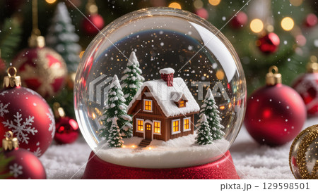 Christmas snow globe with a snowy house and pine trees inside, surrounded by red baubles and holiday decorations. Magical winter ornament. 129598501