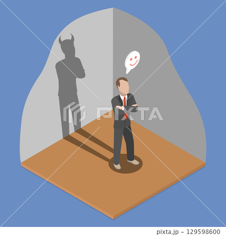 3D Isometric Flat Vector Illustration of Evil Employee, Bold Businessman With Sinister Intentions Crosses Arms Near Shadow With Devil Horns 129598600