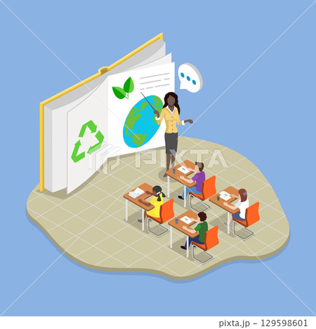 3D Isometric Flat Vector Illustration of Environment Education in School, Climate and Nature protection Learning 129598601
