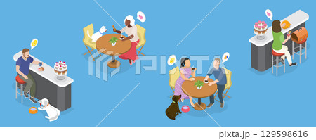 3D Isometric Flat Vector Illustration of Pet Friendly Cafe, Restaurant with Funny Animals 129598616