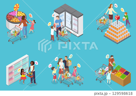 3D Isometric Flat Vector Illustration of Shoppers at Hypermarket, Family Members Maneuver Through Supermarket, Kids Excited For Treats, Parents Managing Shopping Lists 129598618