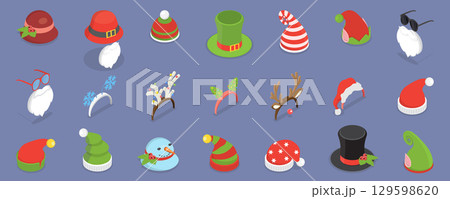 3D Isometric Flat Vector Illustration of Christmas Holiday Hats, Party Time Hair Accessories 129598620