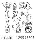 Set of christmas vector doodles. Black outline sketches on white background 129598705