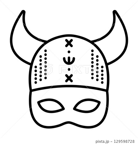 Viking masquerade mask with a hat and horns, scandinavian costume part, single vector black line icon 129598728