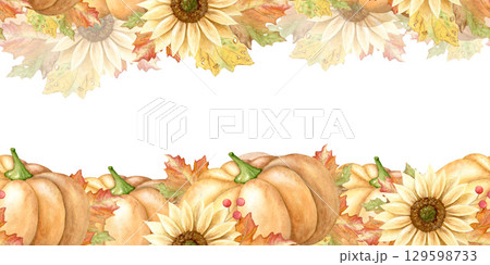 Watercolor autumn seamless border.Pumpkin, sunflower, leaves and branches of berries.Beautiful hand-drawn illustration, isolated on a white background.Suitable for design, print, for Thanksgiving card Watercolor autumn seamless border.Pumpkin, sunflower, leaves and branches of berries.Beautiful hand-drawn illustration, isolated on a white background.Suitable for design, print, for Thanksgiving card 129598733