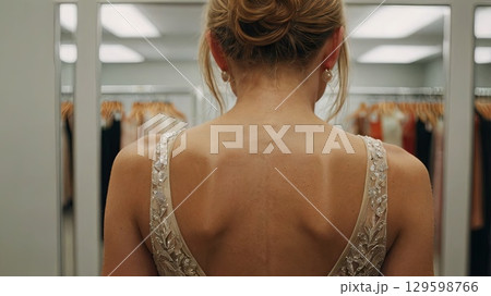 Glamorous back view of a woman in an evening dress, standing in a stylish dressing room with vanity lights. Fashion, femininity, and modern elegance. 129598766